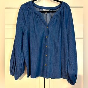 NWOT Tommy Bahama Chambray Denim Button Front Embroidered Sleeve Tunic Top sz XL